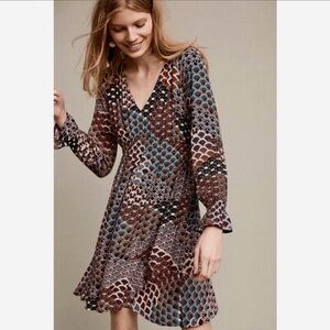 Maeve Anthropologie Print Scallops Monaco Flared Long Sleeved Boho Dress - XL